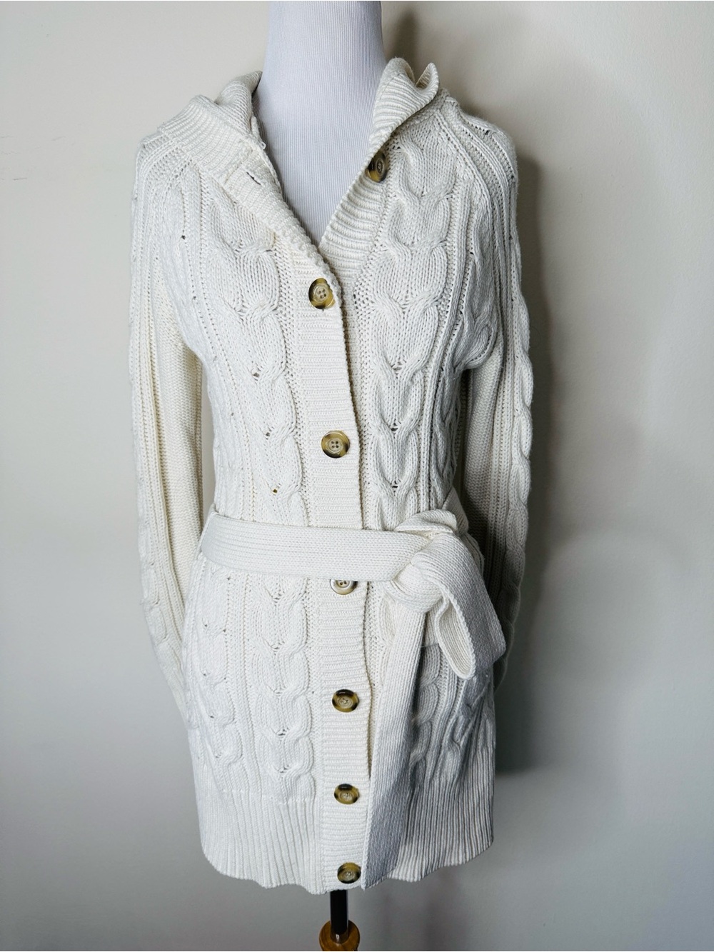 GAP Ivory Y2K Cable Knit Belted Hooded Long Cardigan Sweater